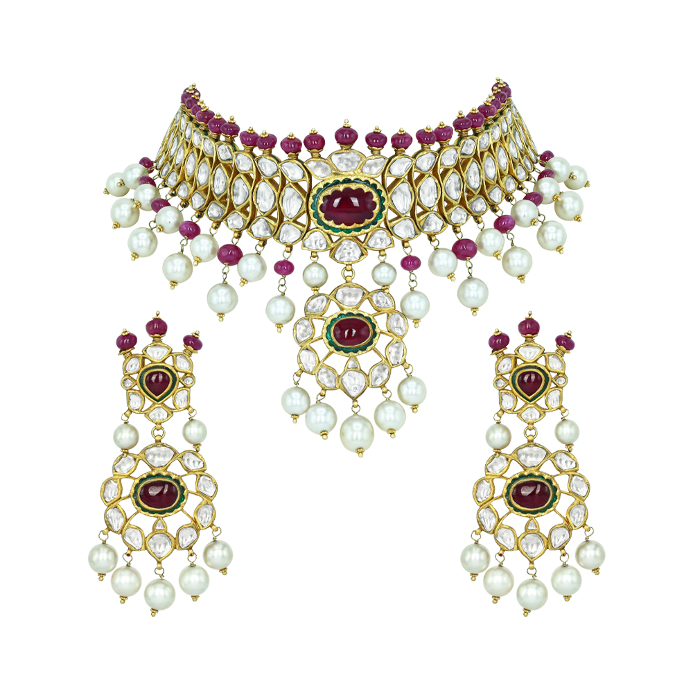 Polki Choker Set with Ruby Cabochons, Pearl Drops, and Pendant